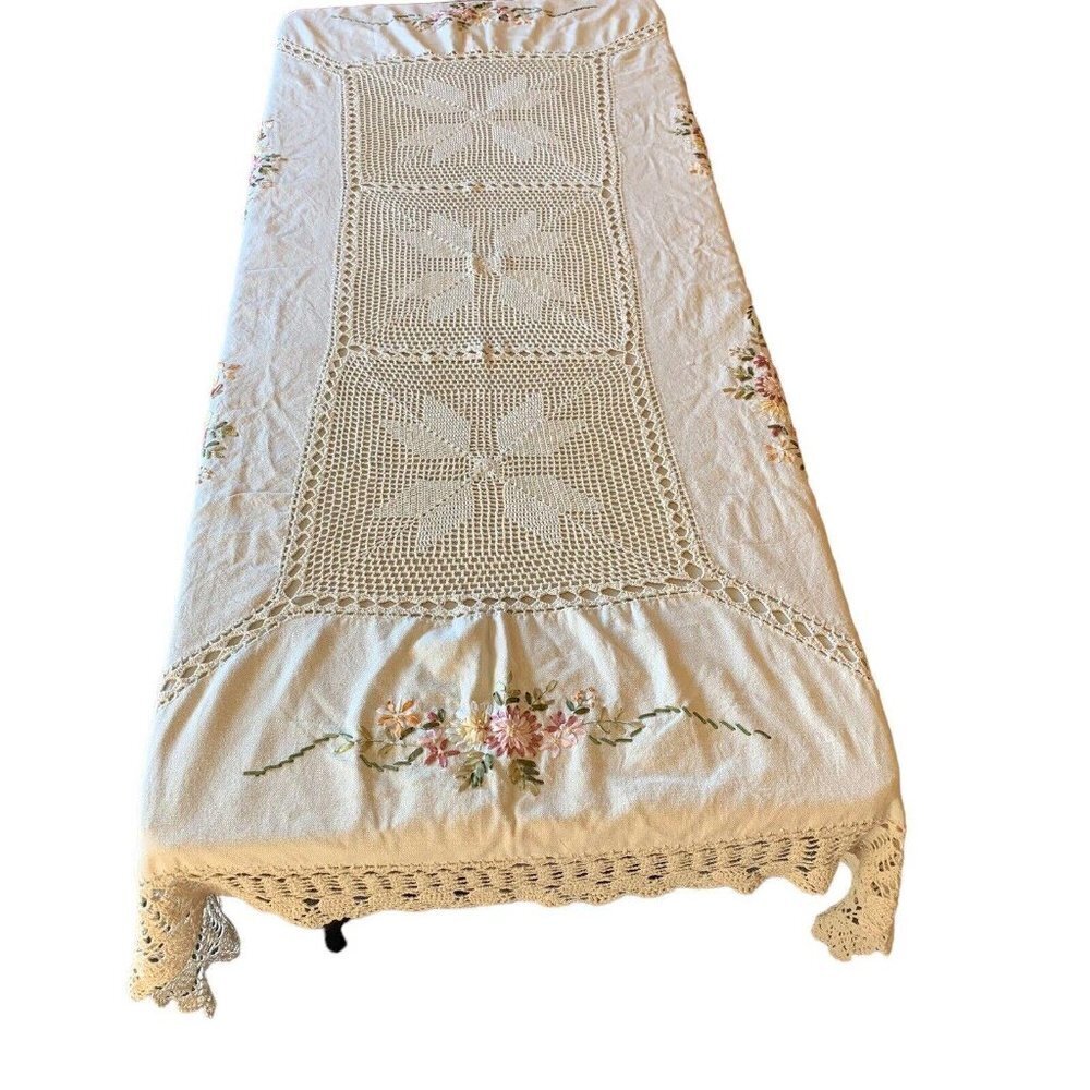 Ribbon Embroidered Crocheted Center Ivory Linen Tablecloth Handmade 85”x…​​​​